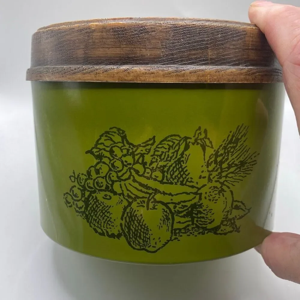 Vintage Cheinco Green Fruit Canister with Faux Wood Lid Mid Century Kitchen Deco